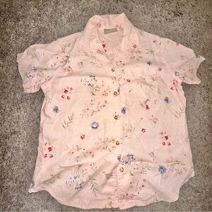 Liz Claiborne Women’s Blouse linen blend pink floral collared button closure